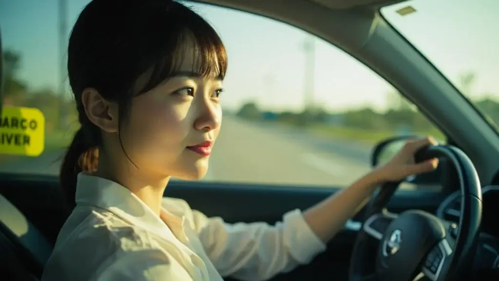 초보운전 스티커를 붙이고 안심하며 운전하는 초보운전자